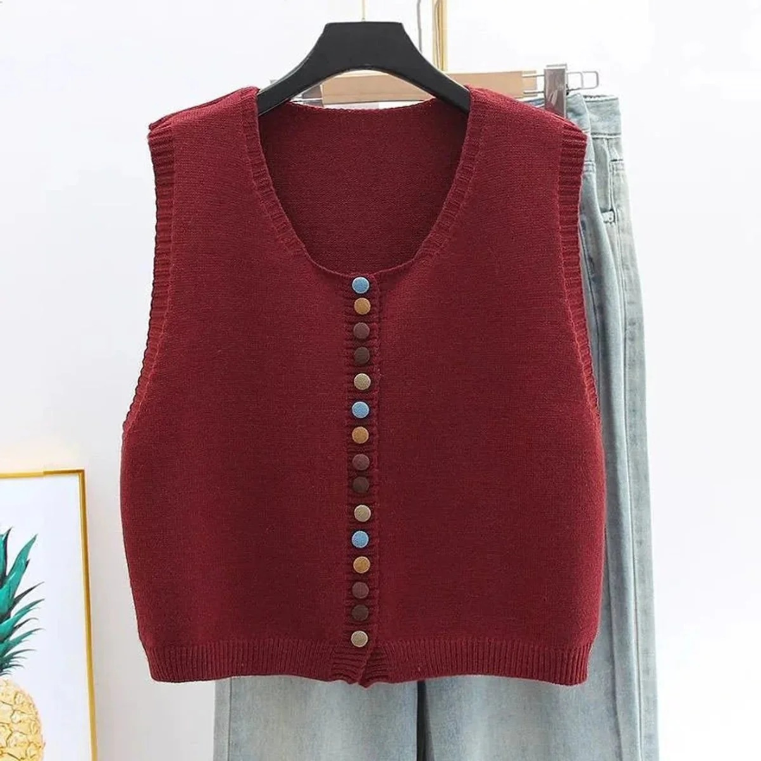 Damen Strickweste mit bunten Knöpfen | Ärmellose Strickjacke mit U-Ausschnitt und Knopfleiste für Frühling und Herbst