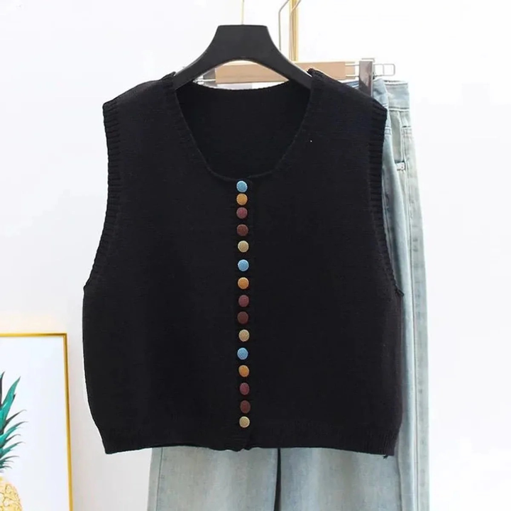 Damen Strickweste mit bunten Knöpfen | Ärmellose Strickjacke mit U-Ausschnitt und Knopfleiste für Frühling und Herbst