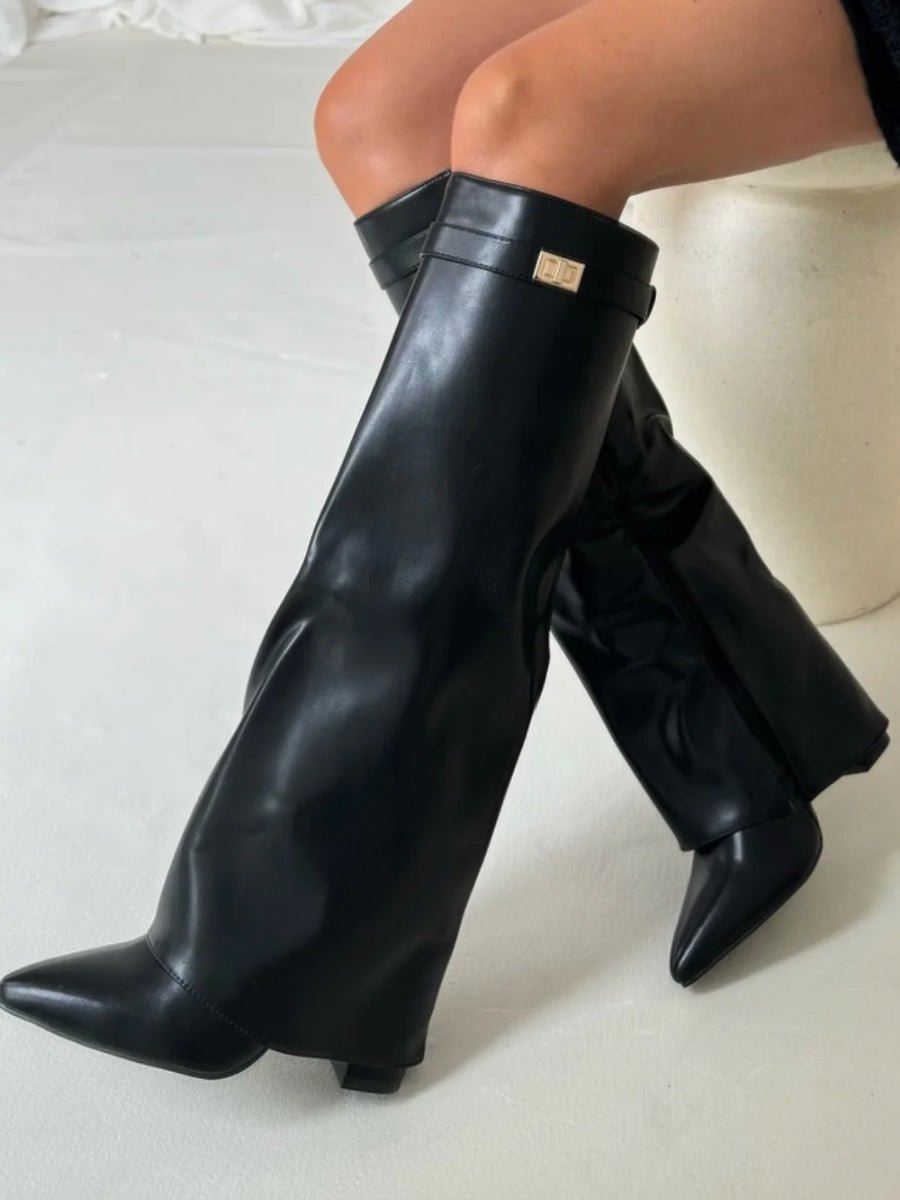Overknee Stiefel Damen | Oberschenkelhohe Slouchy Boots mit spitzer Zehenpartie und locker fallendem Schaft