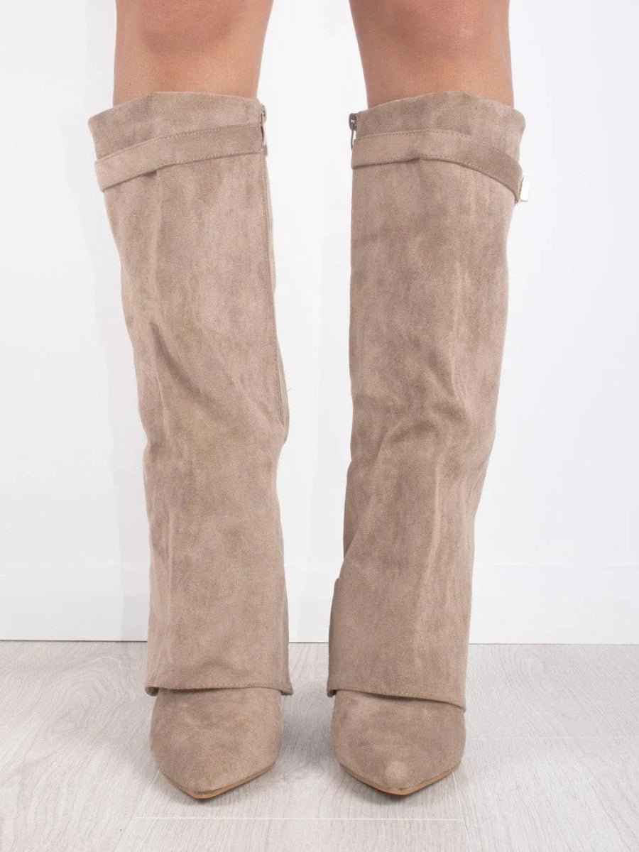 Overknee Stiefel Damen | Oberschenkelhohe Slouchy Boots mit spitzer Zehenpartie und locker fallendem Schaft