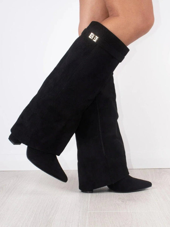 Overknee Stiefel Damen | Oberschenkelhohe Slouchy Boots mit spitzer Zehenpartie und locker fallendem Schaft