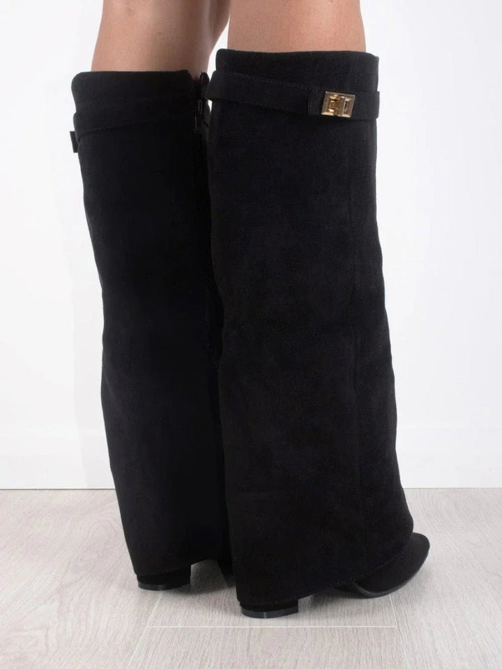 Overknee Stiefel Damen | Oberschenkelhohe Slouchy Boots mit spitzer Zehenpartie und locker fallendem Schaft