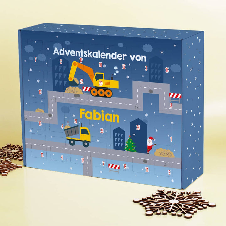Bagger Adventskalender zum Befüllen | Personalisierter Weihnachtskalender mit 24 Türchen, Baustellenmotiv, Namen und Wunschtext