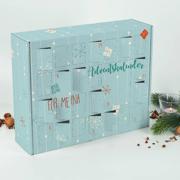 Adventskalender zum Befüllen mit Wunschtext | Personalisierter Weihnachtskalender mit 24 Türchen, Schneeflocken und Geschenkmotiv