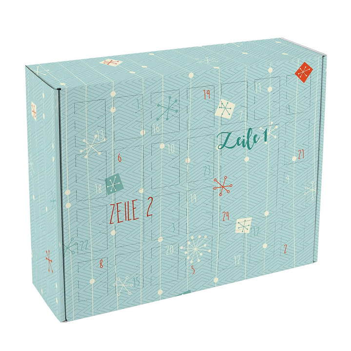 Adventskalender zum Befüllen mit Wunschtext | Personalisierter Weihnachtskalender mit 24 Türchen, Schneeflocken und Geschenkmotiv
