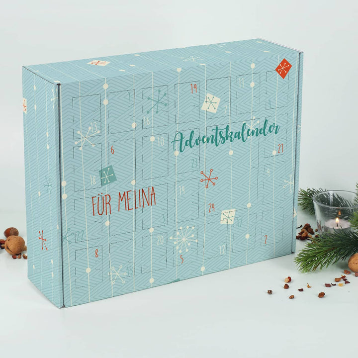 Adventskalender zum Befüllen mit Wunschtext | Personalisierter Weihnachtskalender mit 24 Türchen, Schneeflocken und Geschenkmotiv