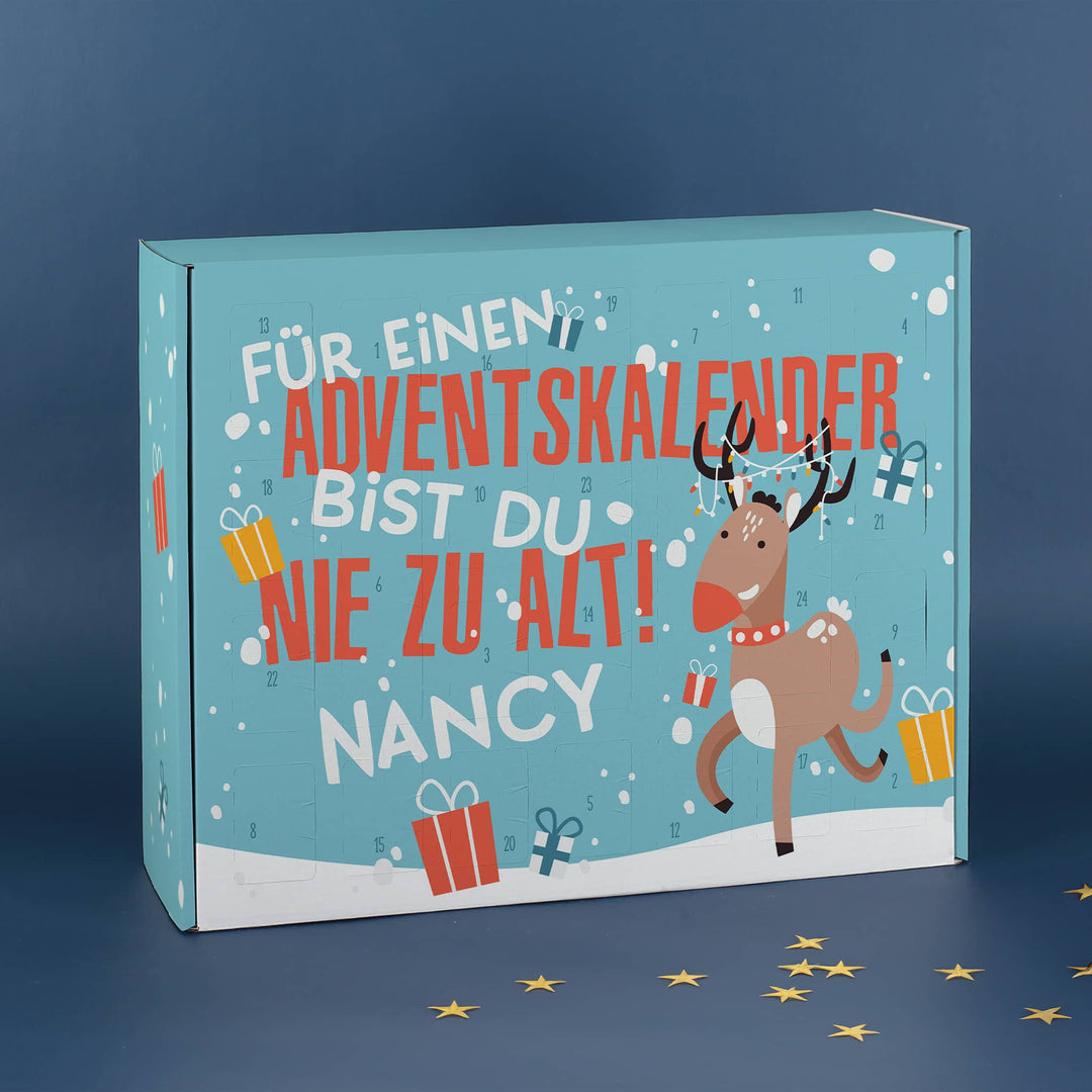 Adventskalender zum Befüllen mit Namen | Personalisierter Weihnachtskalender mit 24 Türchen, Rentiermotiv und lustigem Spruch
