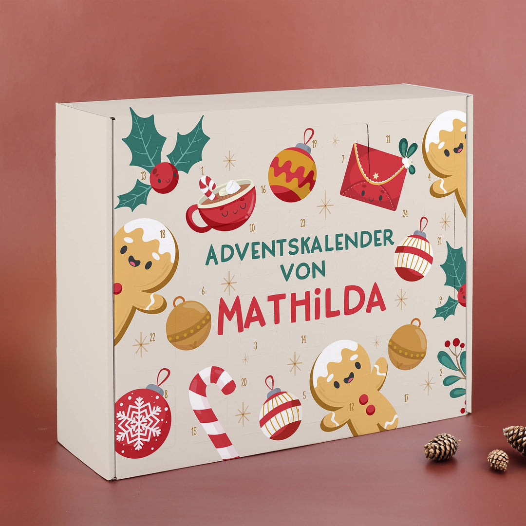 Adventskalender zum Befüllen mit Namen | Personalisierter Weihnachtskalender mit 24 Türchen, Lebkuchenmotiv und Zuckerstangen