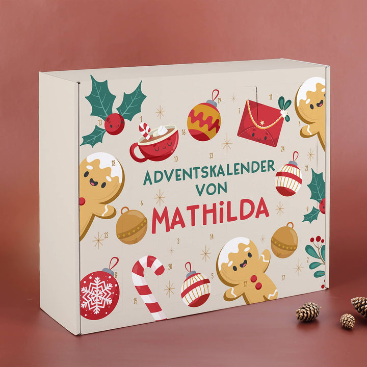 Adventskalender zum Befüllen mit Namen | Personalisierter Weihnachtskalender mit 24 Türchen, Lebkuchenmotiv und Zuckerstangen
