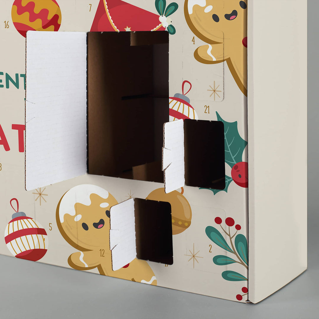 Adventskalender zum Befüllen mit Namen | Personalisierter Weihnachtskalender mit 24 Türchen, Lebkuchenmotiv und Zuckerstangen