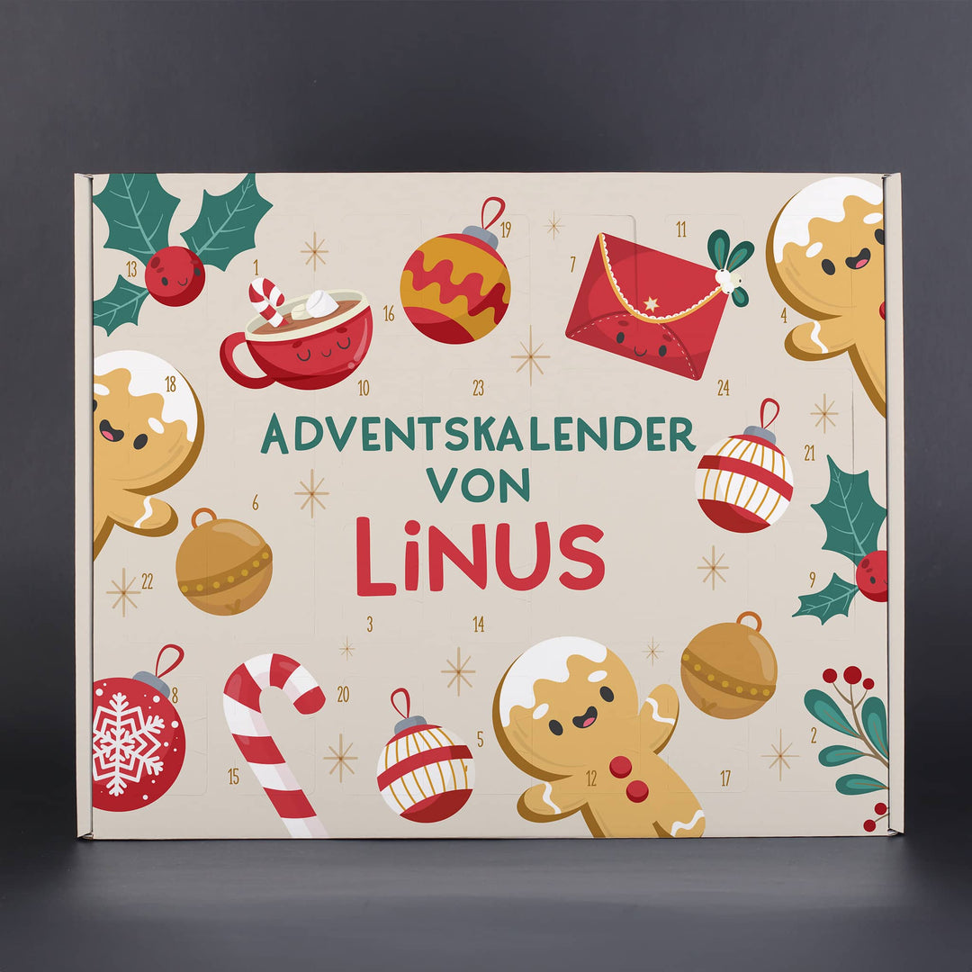 Adventskalender zum Befüllen mit Namen | Personalisierter Weihnachtskalender mit 24 Türchen, Lebkuchenmotiv und Zuckerstangen