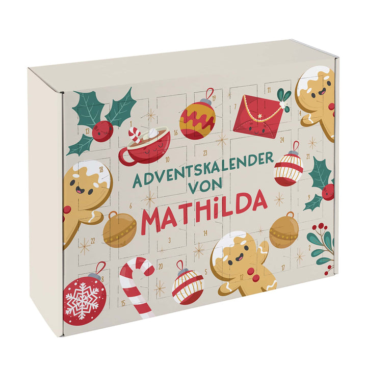 Adventskalender zum Befüllen mit Namen | Personalisierter Weihnachtskalender mit 24 Türchen, Lebkuchenmotiv und Zuckerstangen