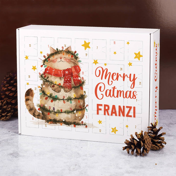 Katzen Adventskalender zum Befüllen | Personalisierter Weihnachtskalender mit 24 Türchen, Katzenmotiv und individuellem Wunschtext
