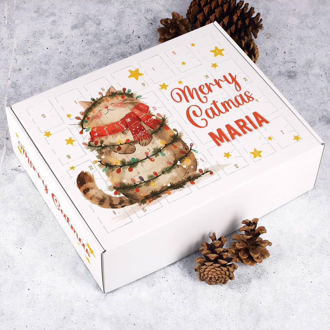 Katzen Adventskalender zum Befüllen | Personalisierter Weihnachtskalender mit 24 Türchen, Katzenmotiv und individuellem Wunschtext
