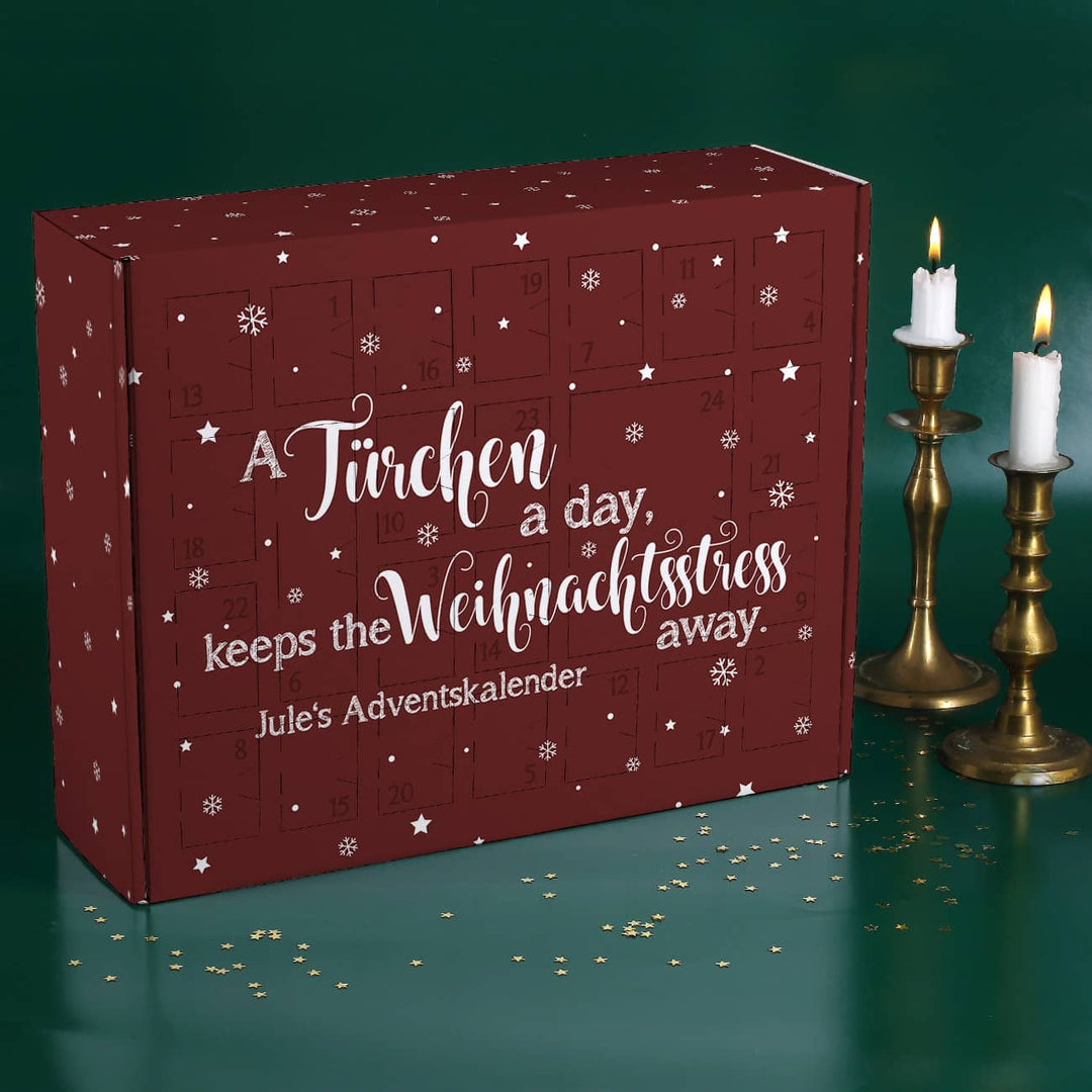 Adventskalender zum Befüllen | Personalisierter Weihnachtskalender mit lustigem Spruch, Wunschtext und 24 Fächern für kleine Geschenke