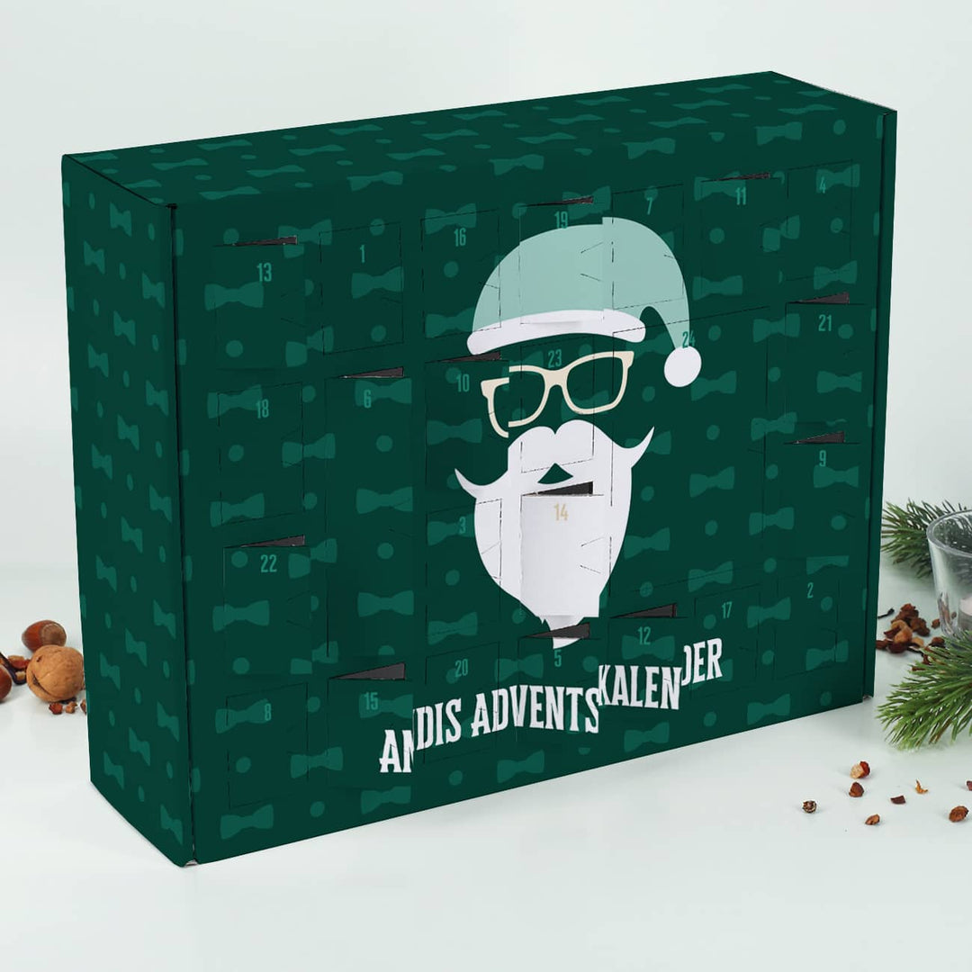 Adventskalender zum Befüllen | Personalisierter Weihnachtskalender mit Hipster-Weihnachtsmann, Wunschtext und 24 Fächern für Männer
