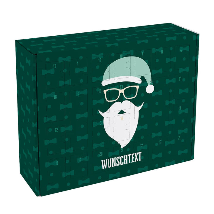 Adventskalender zum Befüllen | Personalisierter Weihnachtskalender mit Hipster-Weihnachtsmann, Wunschtext und 24 Fächern für Männer