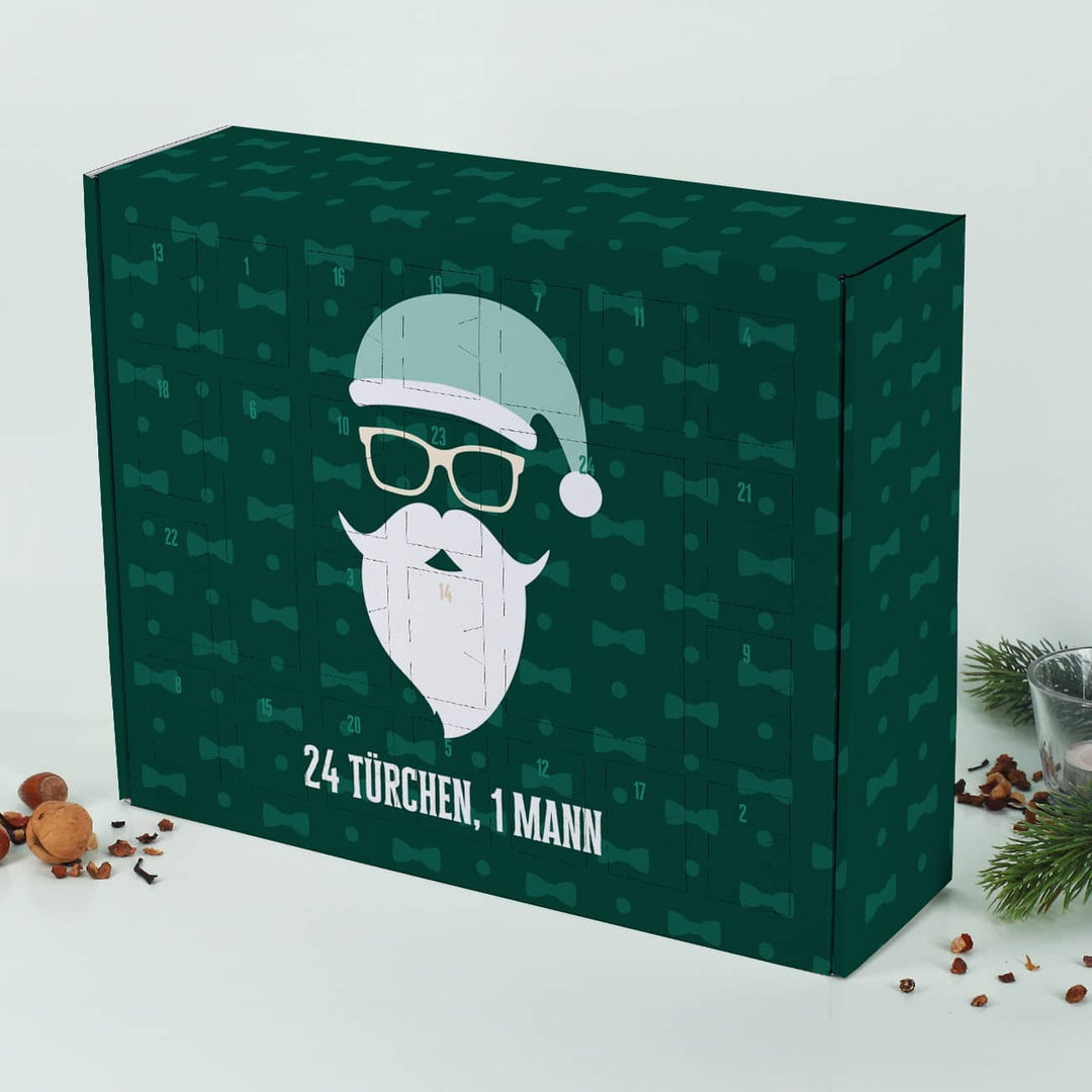 Adventskalender zum Befüllen | Personalisierter Weihnachtskalender mit Hipster-Weihnachtsmann, Wunschtext und 24 Fächern für Männer