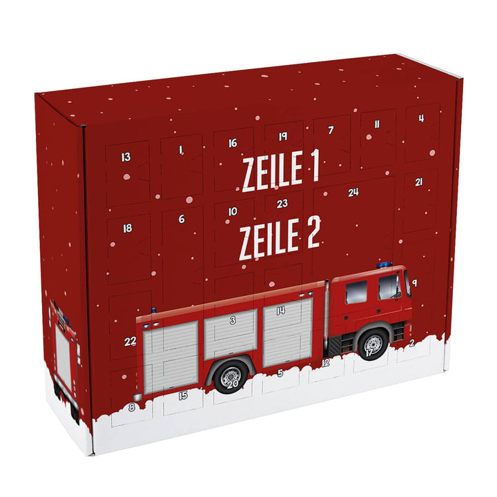 Feuerwehr Adventskalender zum Befüllen | Personalisierter Weihnachtskalender mit 24 Türchen, Feuerwehrauto und Wunschtext