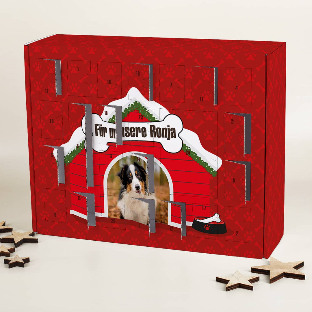 Adventskalender für Hunde | Personalisiert mit eigenem Foto und Wunschtext, 24 Fächern zum Befüllen mit Leckerlis und Geschenken