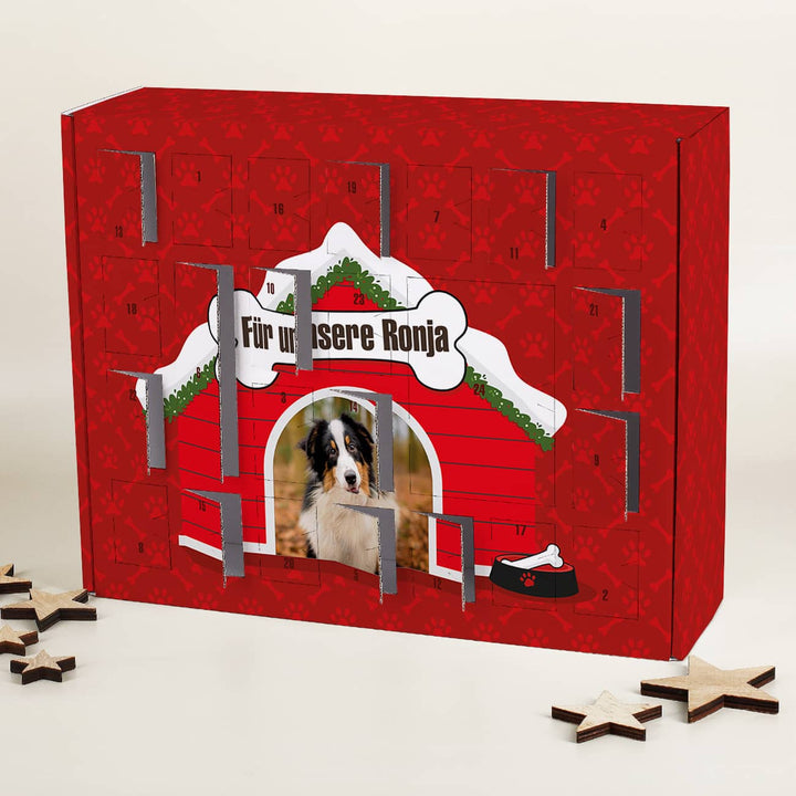 Adventskalender für Hunde | Personalisiert mit eigenem Foto und Wunschtext, 24 Fächern zum Befüllen mit Leckerlis und Geschenken