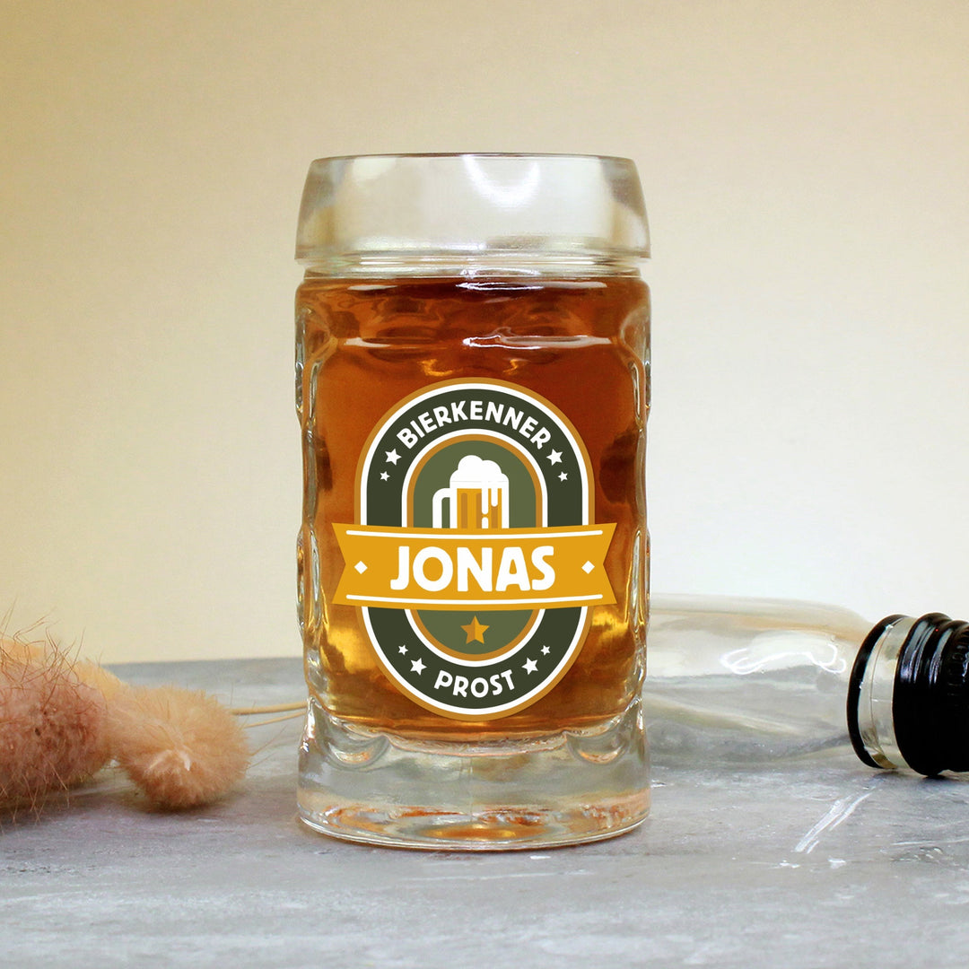 Bierseidel mit Gravur | Personalisierter Bierkrug mit Name in 1 l, 0,5 l oder 4 cl als Geschenk für Bierkenner