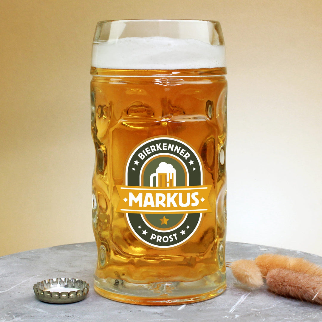 Bierseidel mit Gravur | Personalisierter Bierkrug mit Name in 1 l, 0,5 l oder 4 cl als Geschenk für Bierkenner
