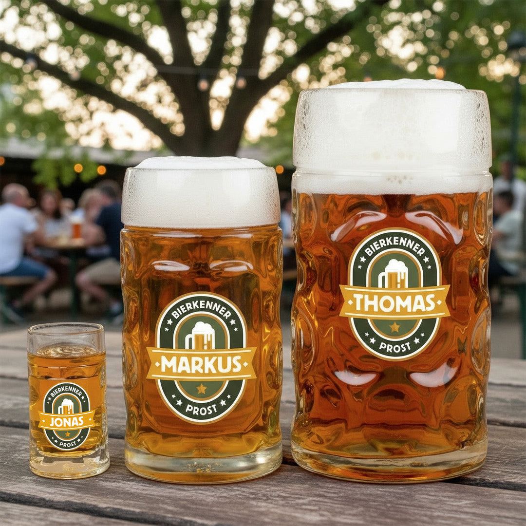 Bierseidel mit Gravur | Personalisierter Bierkrug mit Name in 1 l, 0,5 l oder 4 cl als Geschenk für Bierkenner