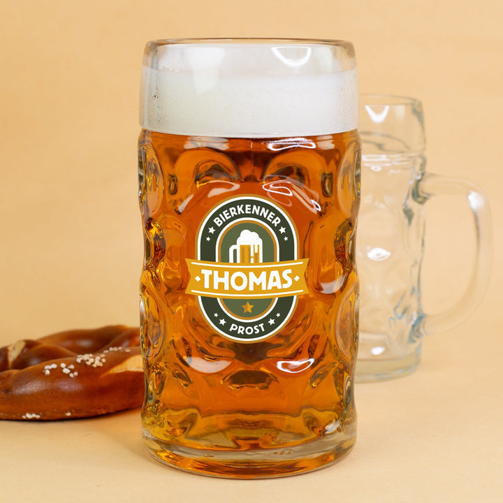 Bierseidel mit Gravur | Personalisierter Bierkrug mit Name in 1 l, 0,5 l oder 4 cl als Geschenk für Bierkenner