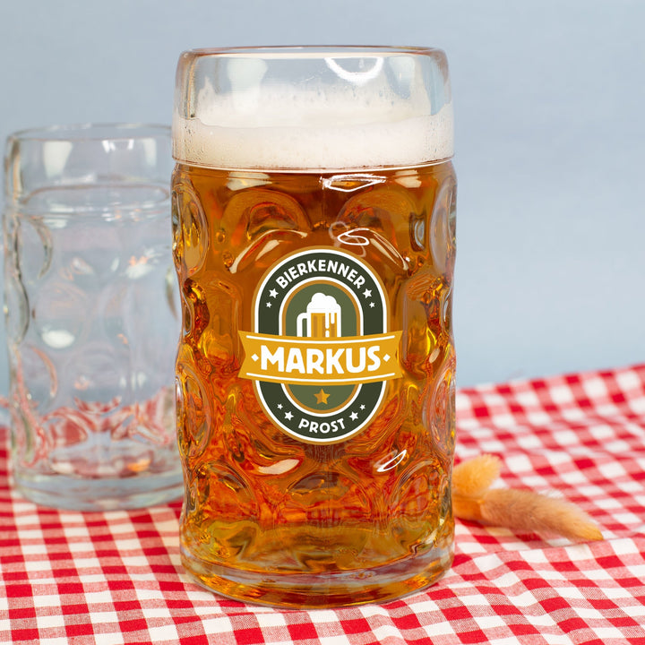 Bierseidel mit Gravur | Personalisierter Bierkrug mit Name in 1 l, 0,5 l oder 4 cl als Geschenk für Bierkenner