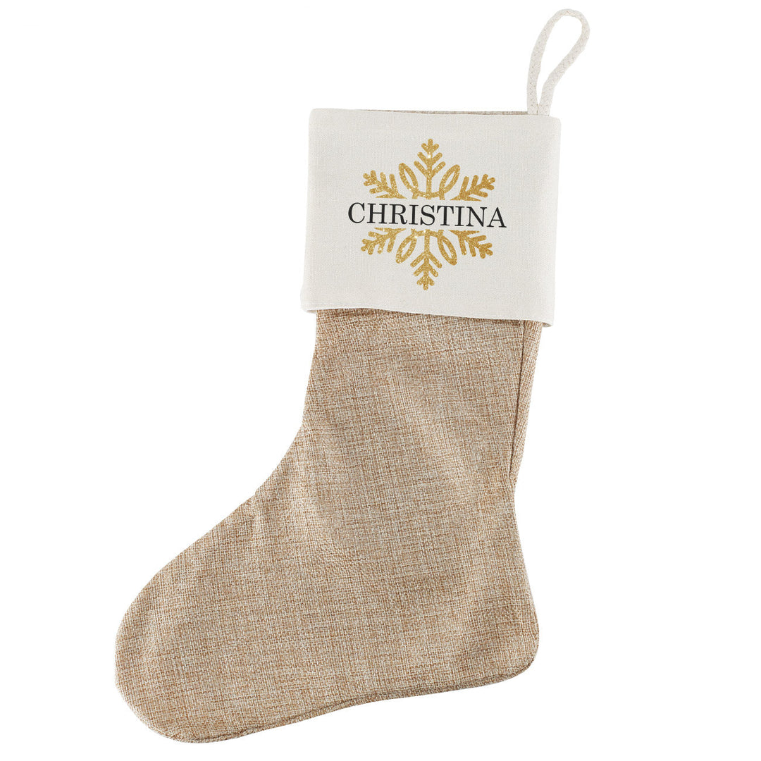 Weihnachtsstrumpf mit Namen | Personalisierte Weihnachtssocke mit goldenem Schneeflockenmotiv und Aufhängekordel | 25 x 35 cm