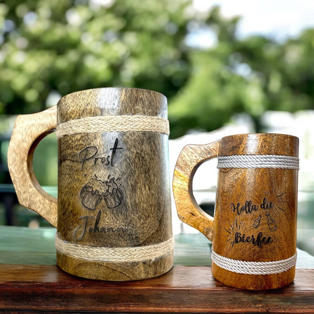 Personalisierter Bierkrug | Holz Bierkrug mit Gravur, Wunschtext oder Grafik in 500 ml oder 700 ml