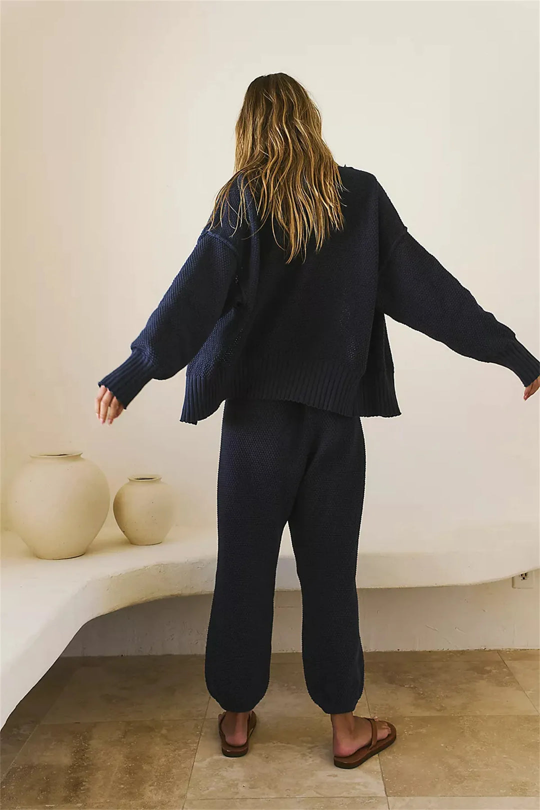 Damen Strick Set | Gerippter Cardigan mit Knöpfen &amp; Hose mit hoher Taille für Alltag und Freizeit
