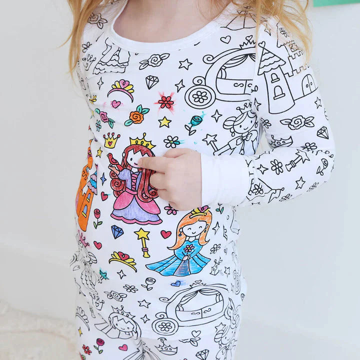 Children’s coloring pajama | Includes washable markers | Soft, breathable cotton | Reusable for ages 3–10