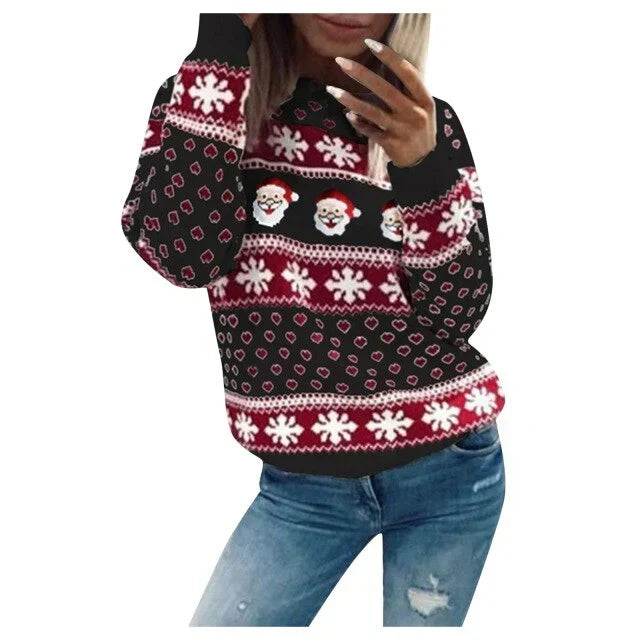 Damen Weihnachtspullover mit Weihnachtsmann- und Schneeflockenmuster | Warmer Strickpullover mit lockerer Passform für Winterfeste