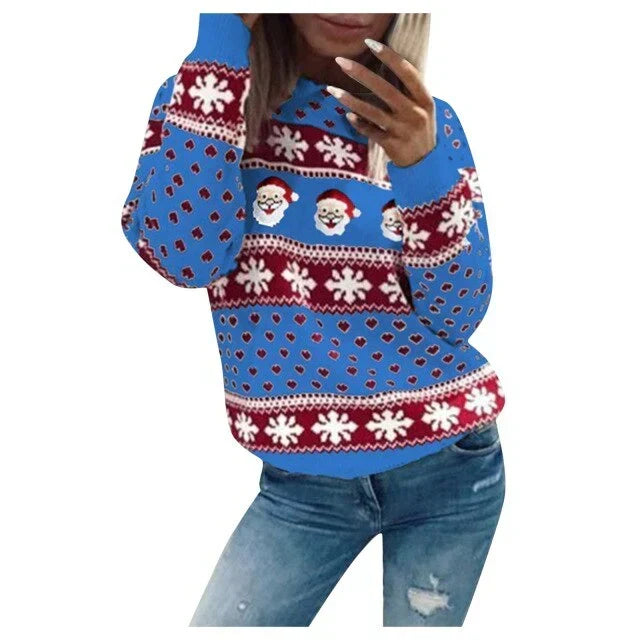 Damen Weihnachtspullover mit Weihnachtsmann- und Schneeflockenmuster | Warmer Strickpullover mit lockerer Passform für Winterfeste