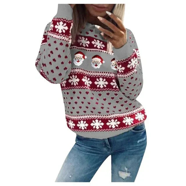 Damen Weihnachtspullover mit Weihnachtsmann- und Schneeflockenmuster | Warmer Strickpullover mit lockerer Passform für Winterfeste