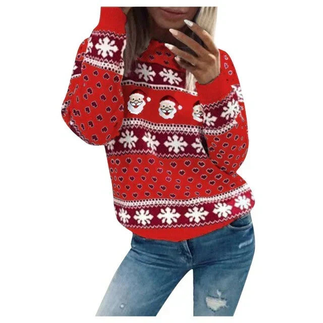 Damen Weihnachtspullover mit Weihnachtsmann- und Schneeflockenmuster | Warmer Strickpullover mit lockerer Passform für Winterfeste