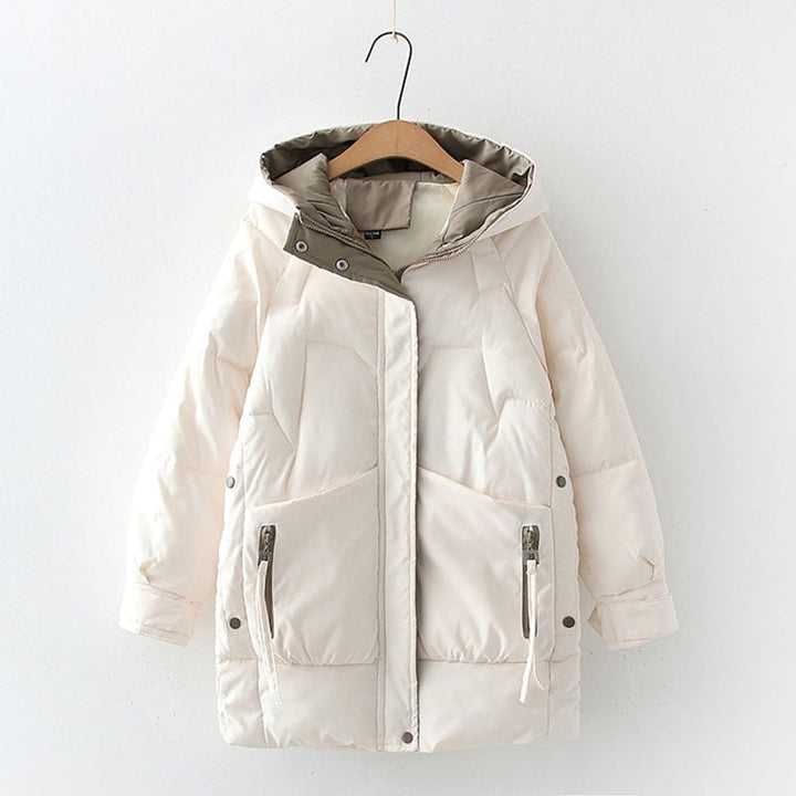 Damen Pufferjacke mit Kapuze | Hüftlange Steppjacke mit Rautensteppung, geradem Schnitt und asymmetrischem Design für Winter
