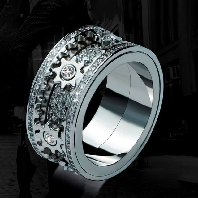 Fidget ring met draaiende tandwielen | Verstelbaar design | Chirurgisch RVS, hypoallergeen | Stil draaien voor focus | Zilver/Zwart