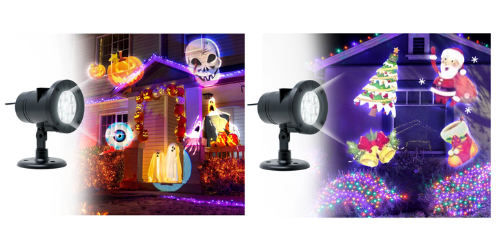 Halloween Projektor mit 12 Dias | LED-Projektor für innen und außen mit Motiven für Halloween und Weihnachten