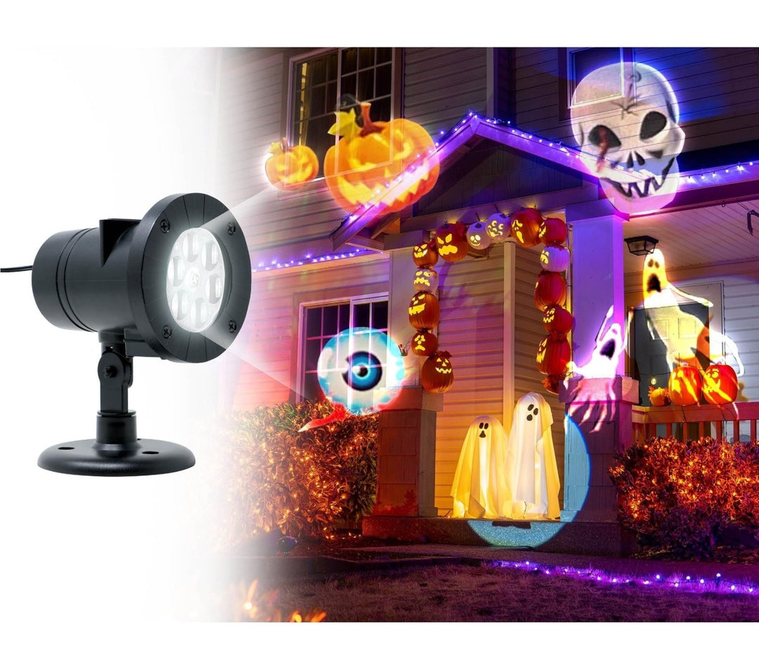 Halloween Projektor mit 12 Dias | LED-Projektor für innen und außen mit Motiven für Halloween und Weihnachten