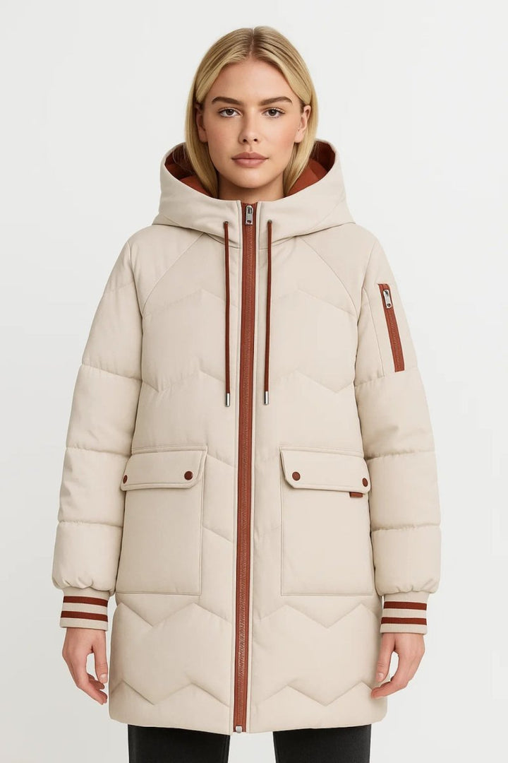 Damen Pufferjacke lang | Warme leichte Winterjacke mit langem Schnitt und sportlichen Details für Alltag und Stadt