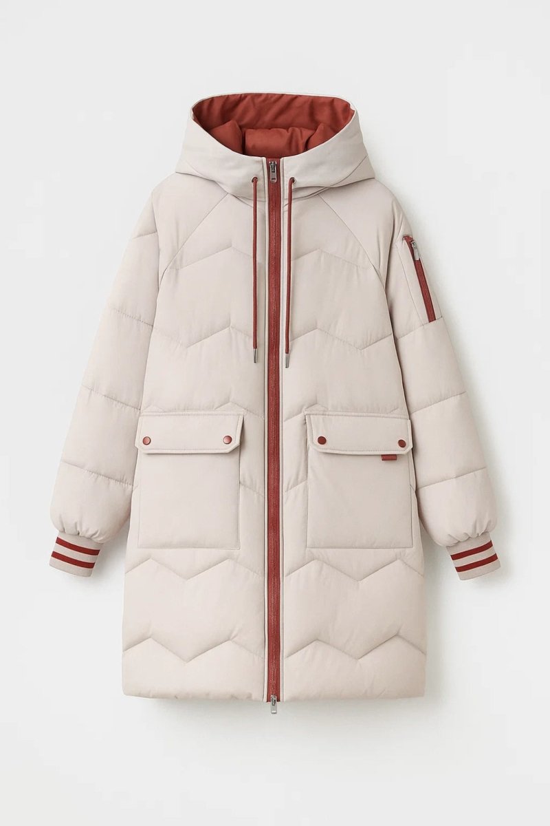 Damen Pufferjacke lang | Warme leichte Winterjacke mit langem Schnitt und sportlichen Details für Alltag und Stadt