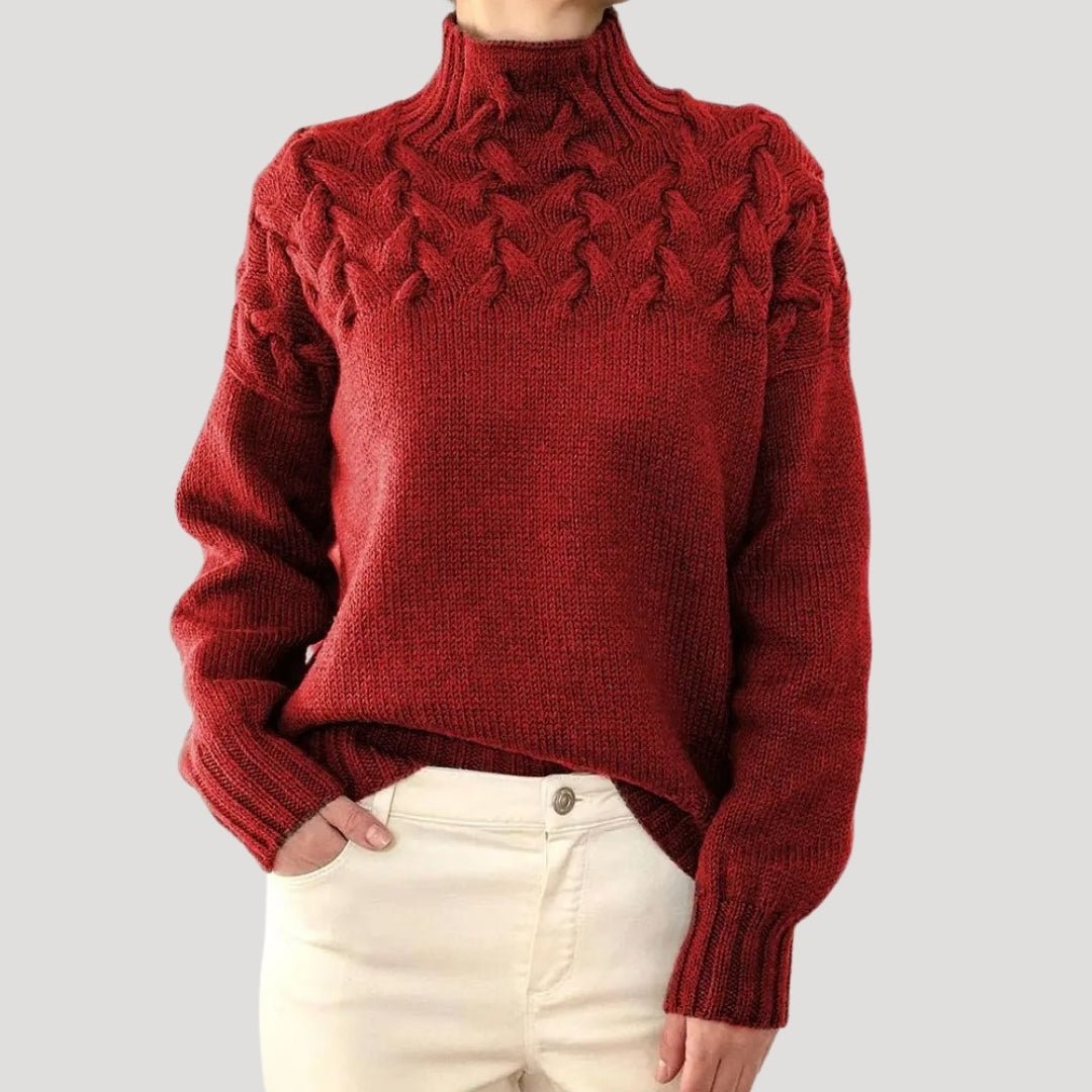 Damen Oversize Pullover mit Stehkragen | Warmer Strickpullover mit Zopfmuster und Rippbündchen für Herbst und Winter