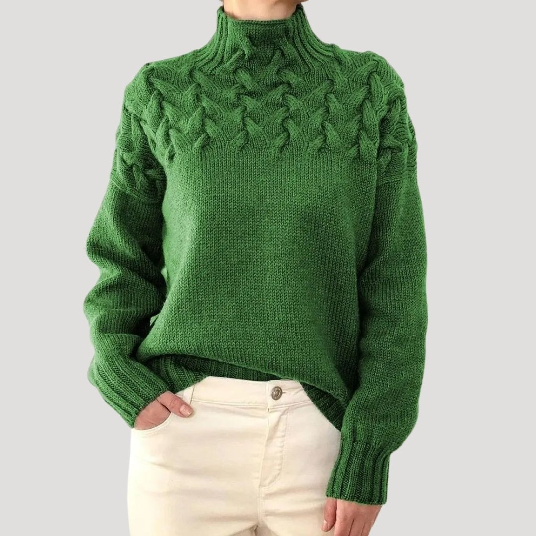 Damen Oversize Pullover mit Stehkragen | Warmer Strickpullover mit Zopfmuster und Rippbündchen für Herbst und Winter