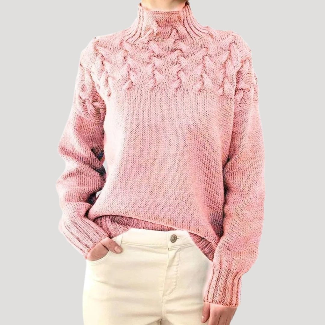 Damen Oversize Pullover mit Stehkragen | Warmer Strickpullover mit Zopfmuster und Rippbündchen für Herbst und Winter