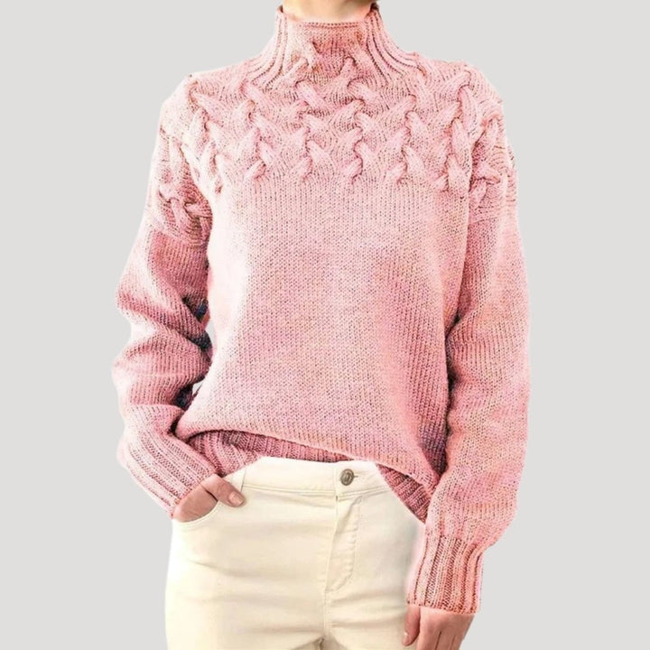 Damen Oversize Pullover mit Stehkragen | Warmer Strickpullover mit Zopfmuster und Rippbündchen für Herbst und Winter