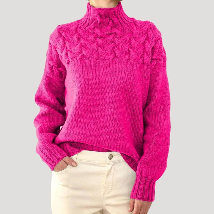 Damen Oversize Pullover mit Stehkragen | Warmer Strickpullover mit Zopfmuster und Rippbündchen für Herbst und Winter