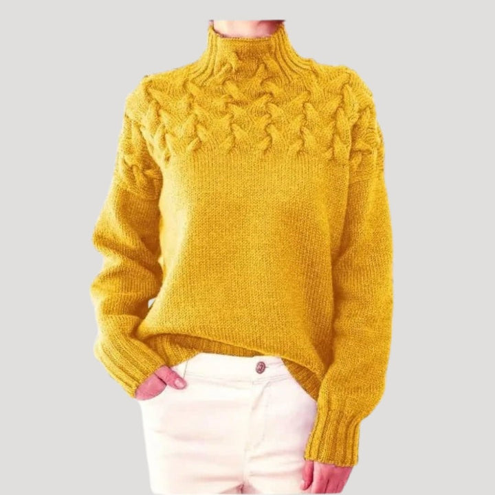 Damen Oversize Pullover mit Stehkragen | Warmer Strickpullover mit Zopfmuster und Rippbündchen für Herbst und Winter